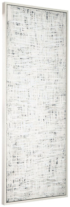 Daxonport wall art, vertical canvas with layered light gray brush marks, in a white frame