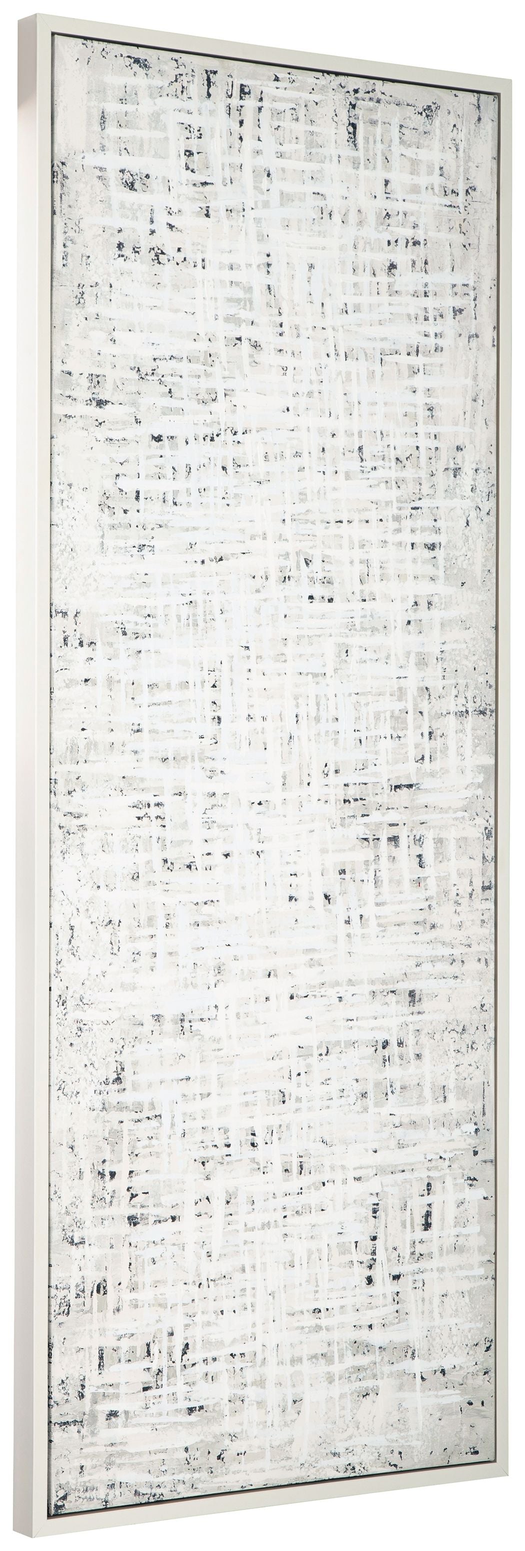 Daxonport wall art, vertical canvas with layered light gray brush marks, in a white frame