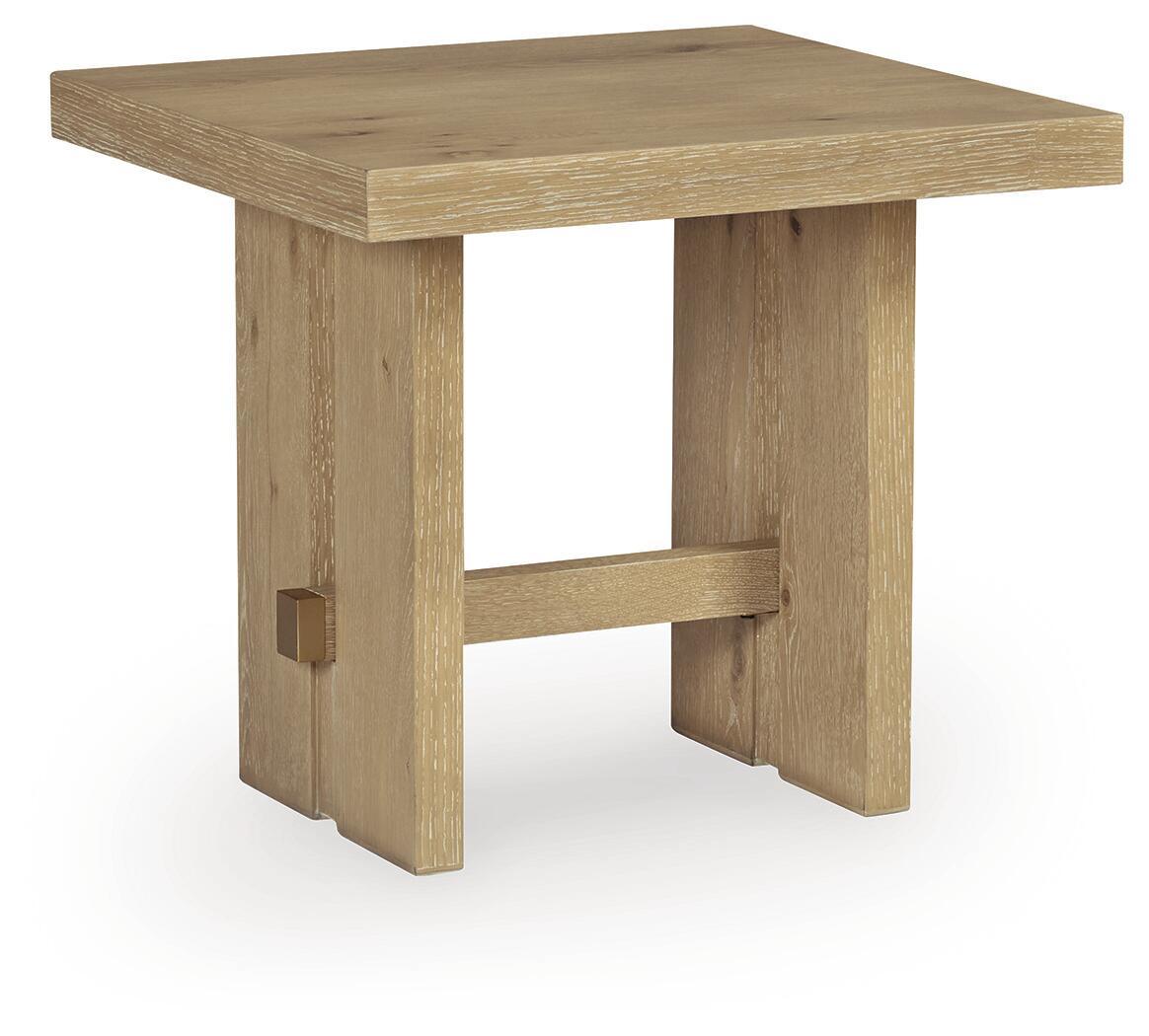 Light brown wood table with open lower shelf and thick square frame