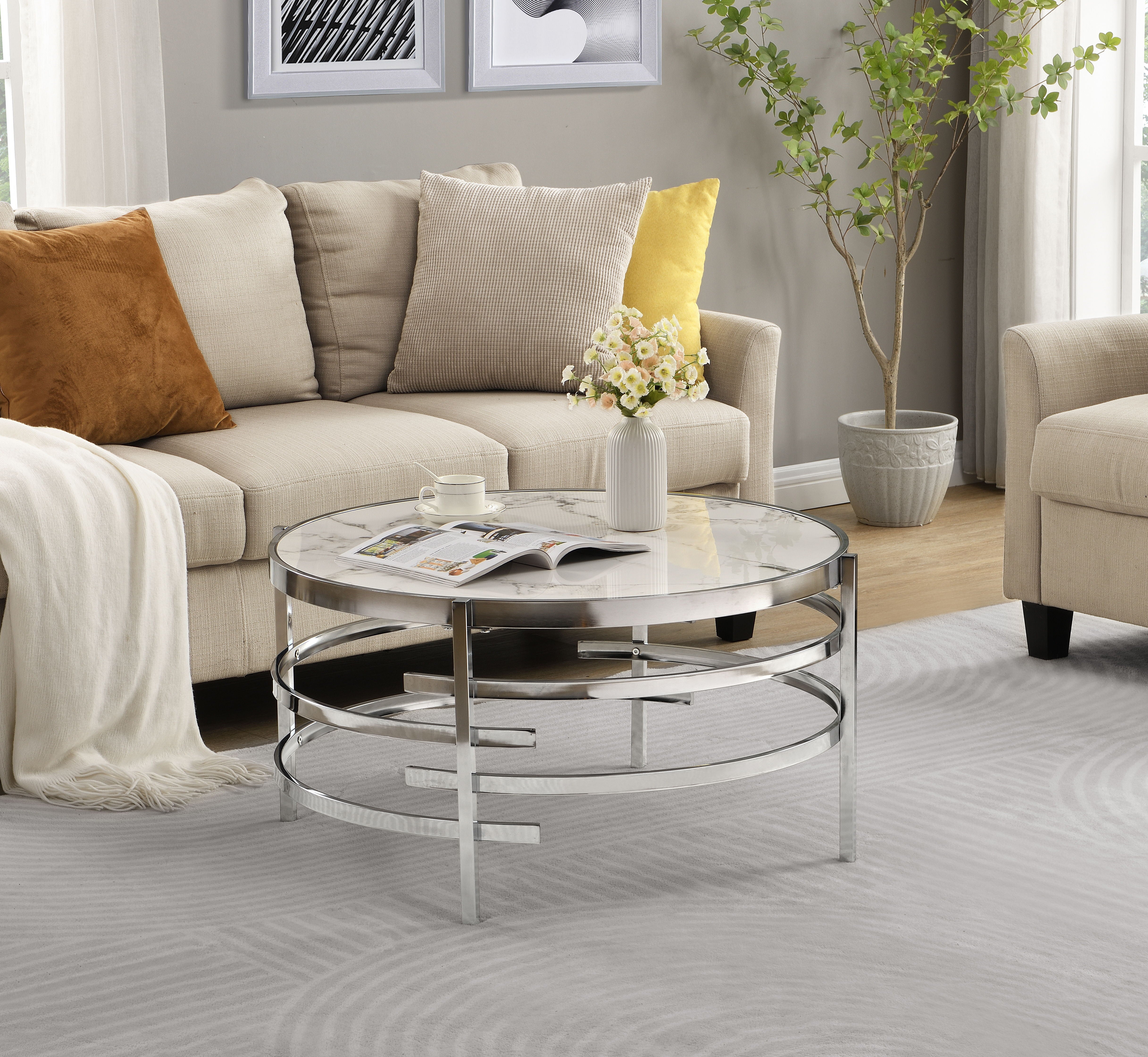 Chrome Round Coffee Table With Sintered Stone Top&Sturdy Metal Frame, Modern Coffee Table For Living Room, Silver