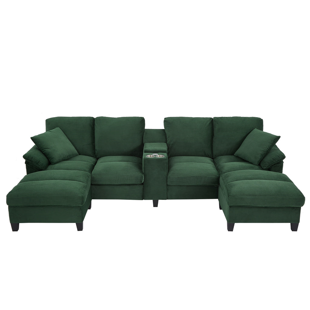 Green corduroy U-shaped sectional with storage, double chaise and ottomans