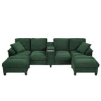Green corduroy U-shaped sectional with storage, double chaise and ottomans