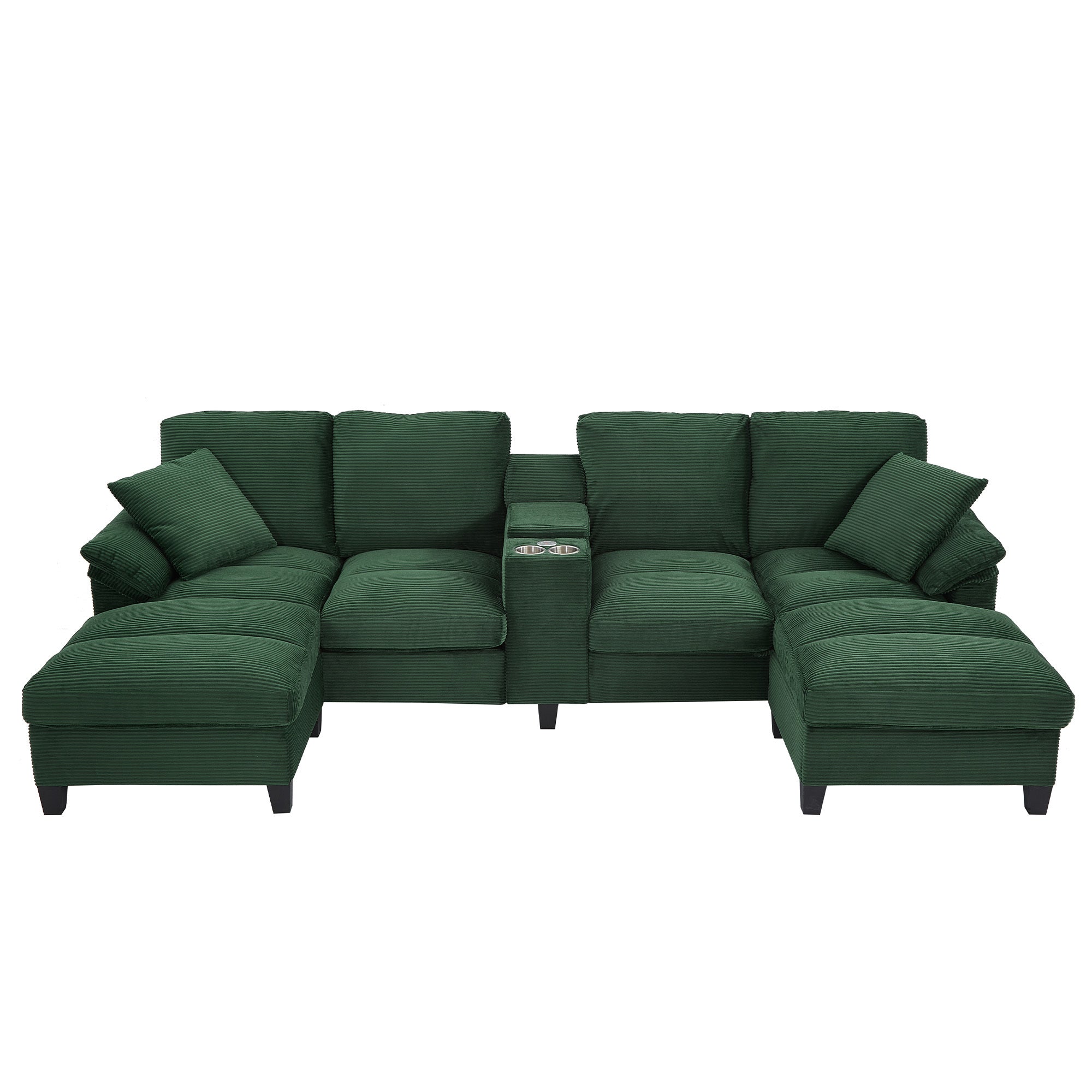 Green corduroy U-shaped sectional with storage, double chaise and ottomans