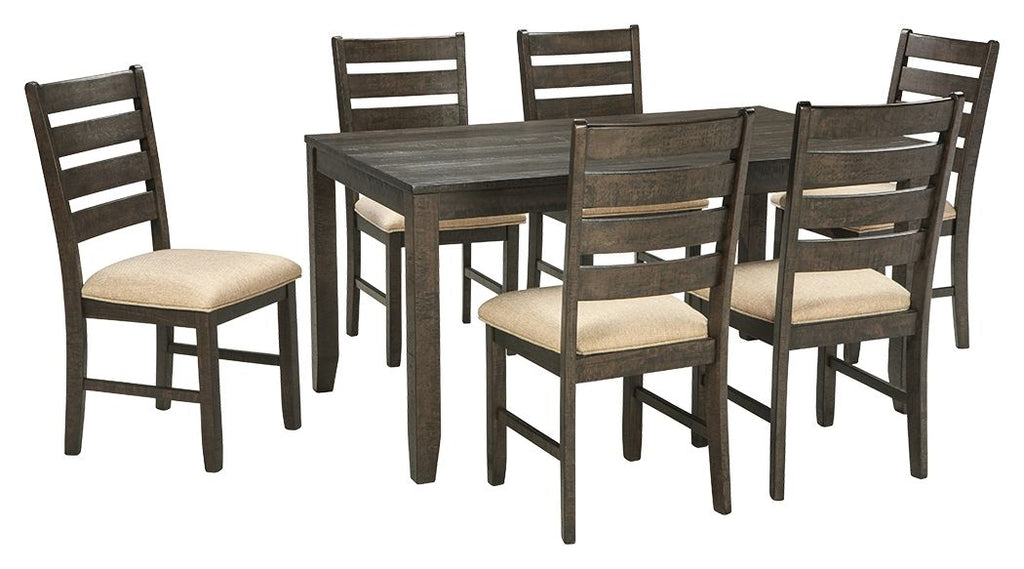 Corner view of brown dining table with six beige-cushioned chairs, 7-piece set