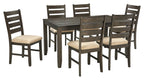 Corner view of brown dining table with six beige-cushioned chairs, 7-piece set