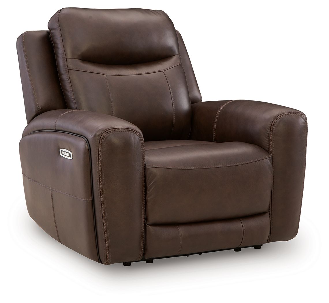 Brown power recliner with adjustable headrest and padded armrests