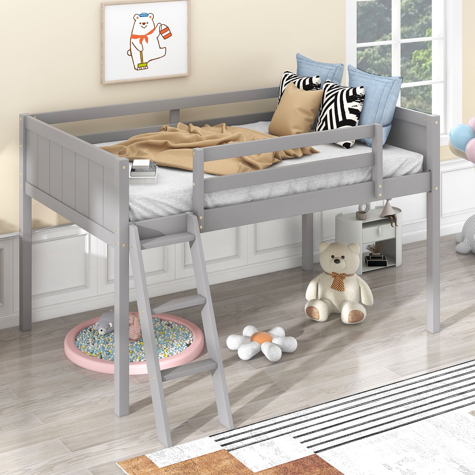 Twin Size Gray Wood Low Loft Bed with Reversible Ladder