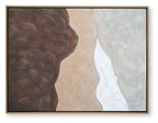 Framed abstract wall art with brown mass, tan center, and white wavy stripe