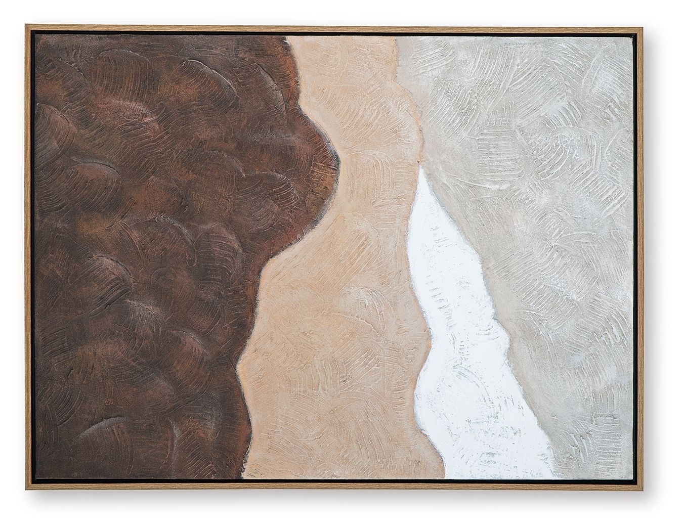 Framed abstract wall art with brown mass, tan center, and white wavy stripe