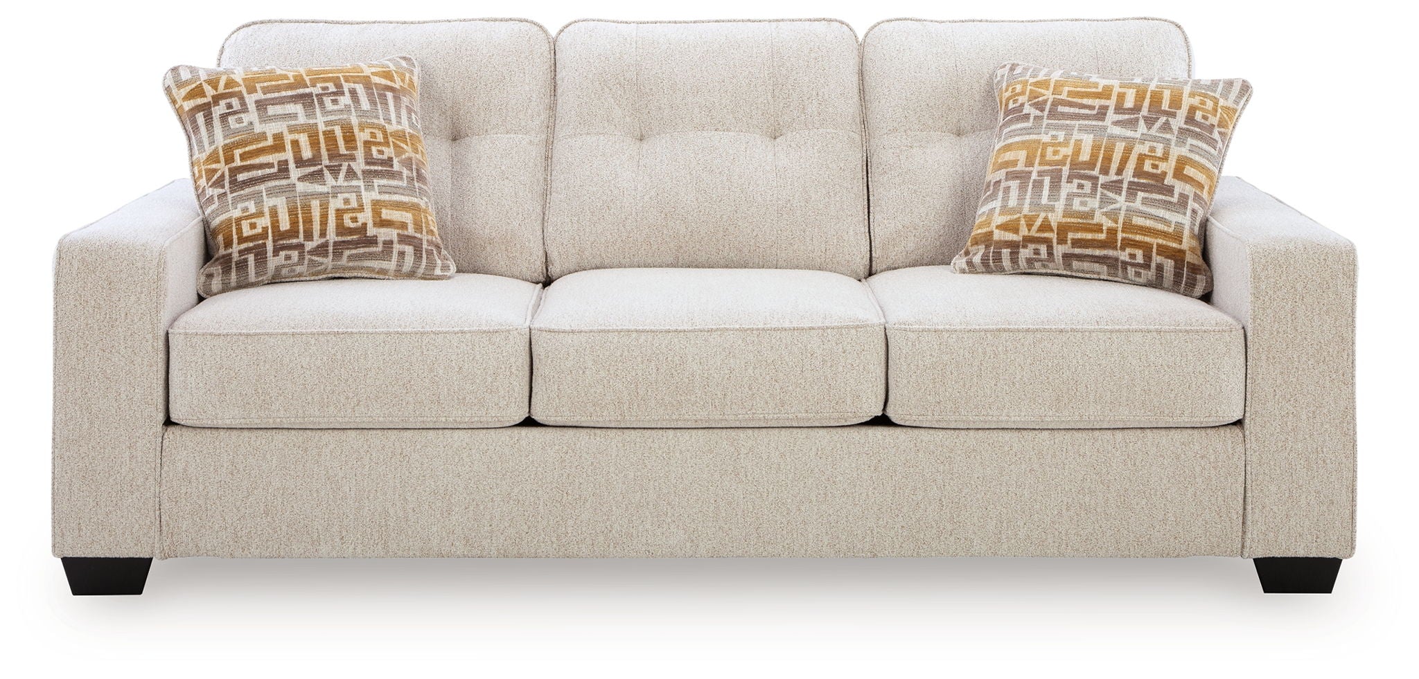 Larimer sofa in beige fabric with tufted back, three seat cushions, and two patterned pillows
