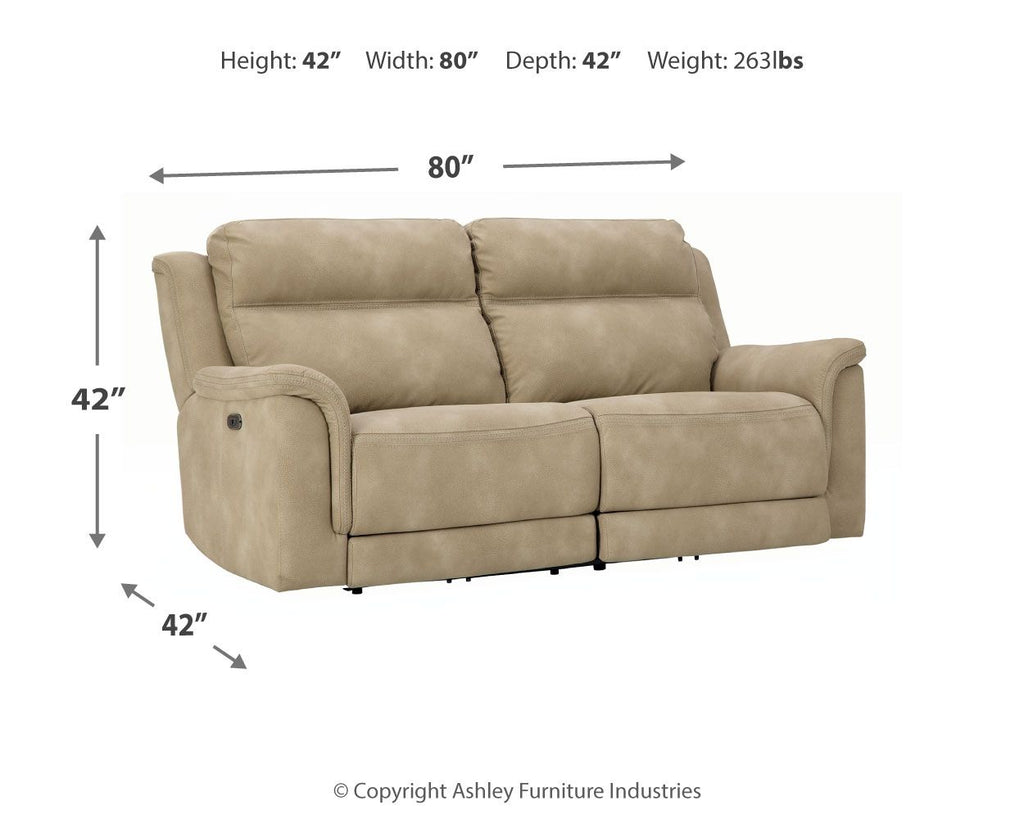 Sand beige power reclining sofa, side view with height and width measurement lines