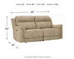Sand beige power reclining sofa, side view with height and width measurement lines