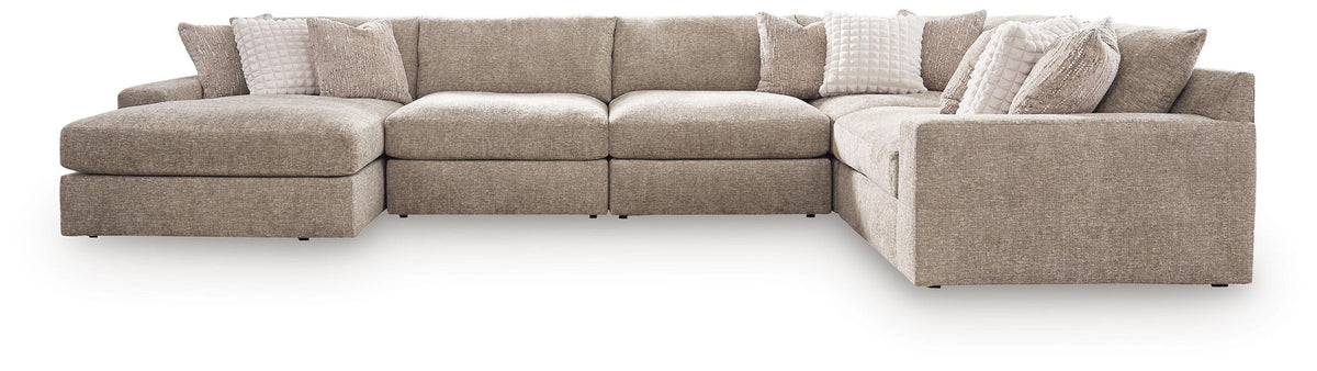 Burlap-upholstered sectional sofa with chaise ends and three throw pillows