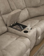 Birch recliner sectional with console tray and cupholders on the seating end