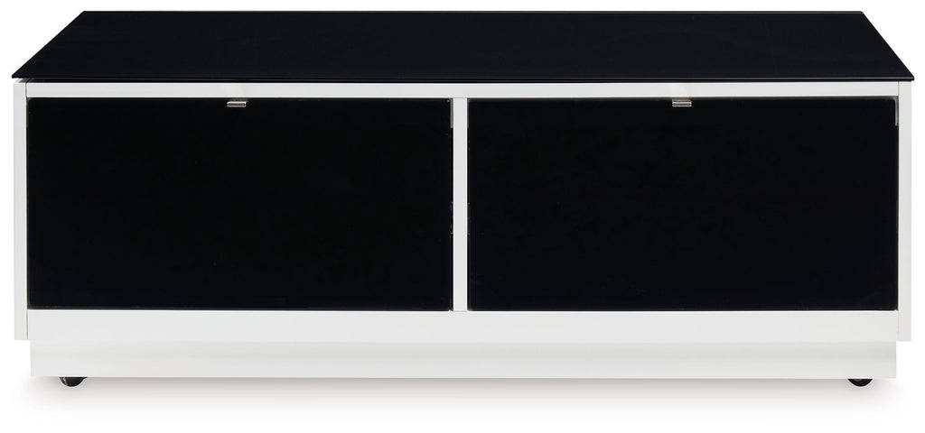 Rectangular cocktail table with white base and two black front compartments