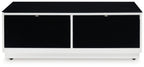 Rectangular cocktail table with white base and two black front compartments