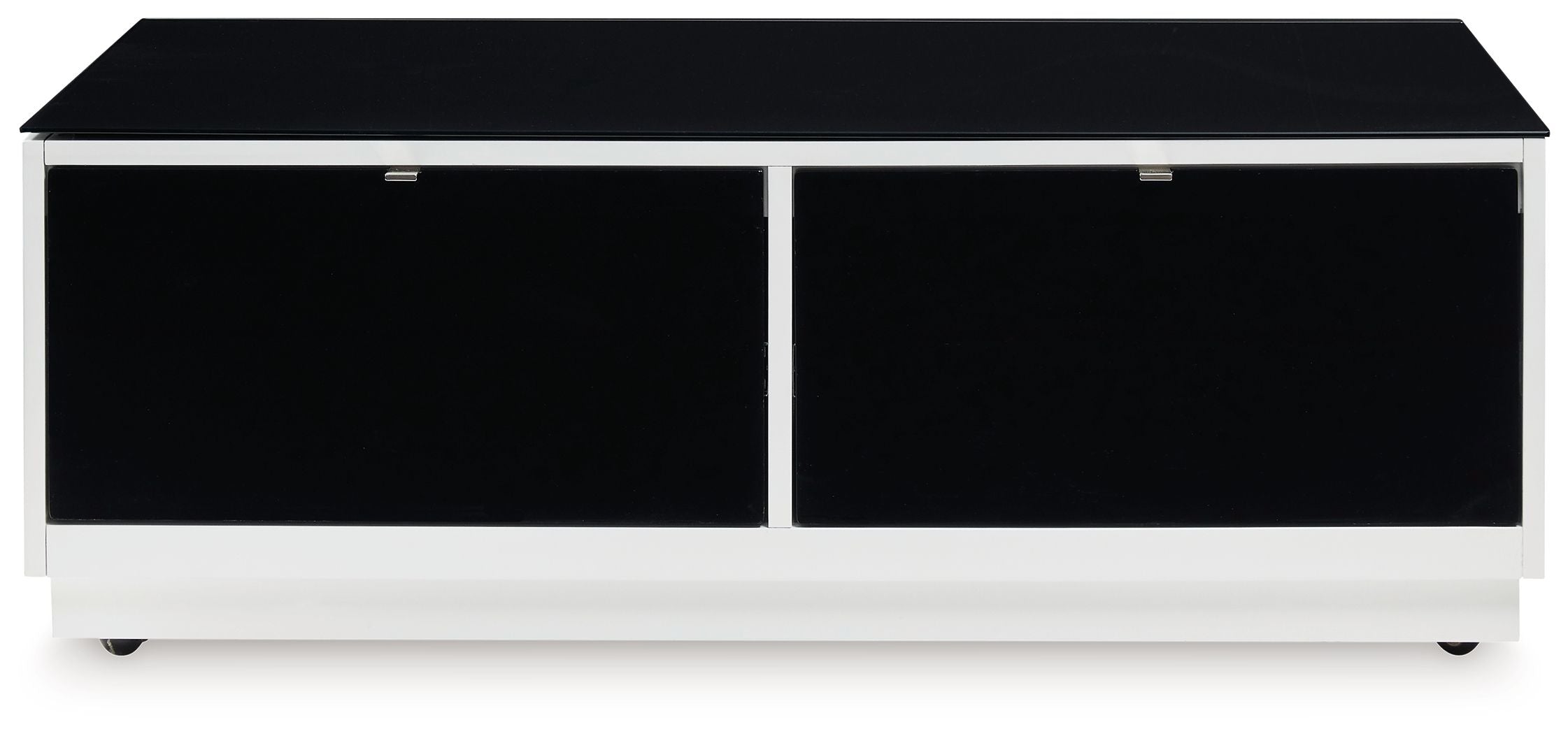 Rectangular cocktail table with white base and two black front compartments