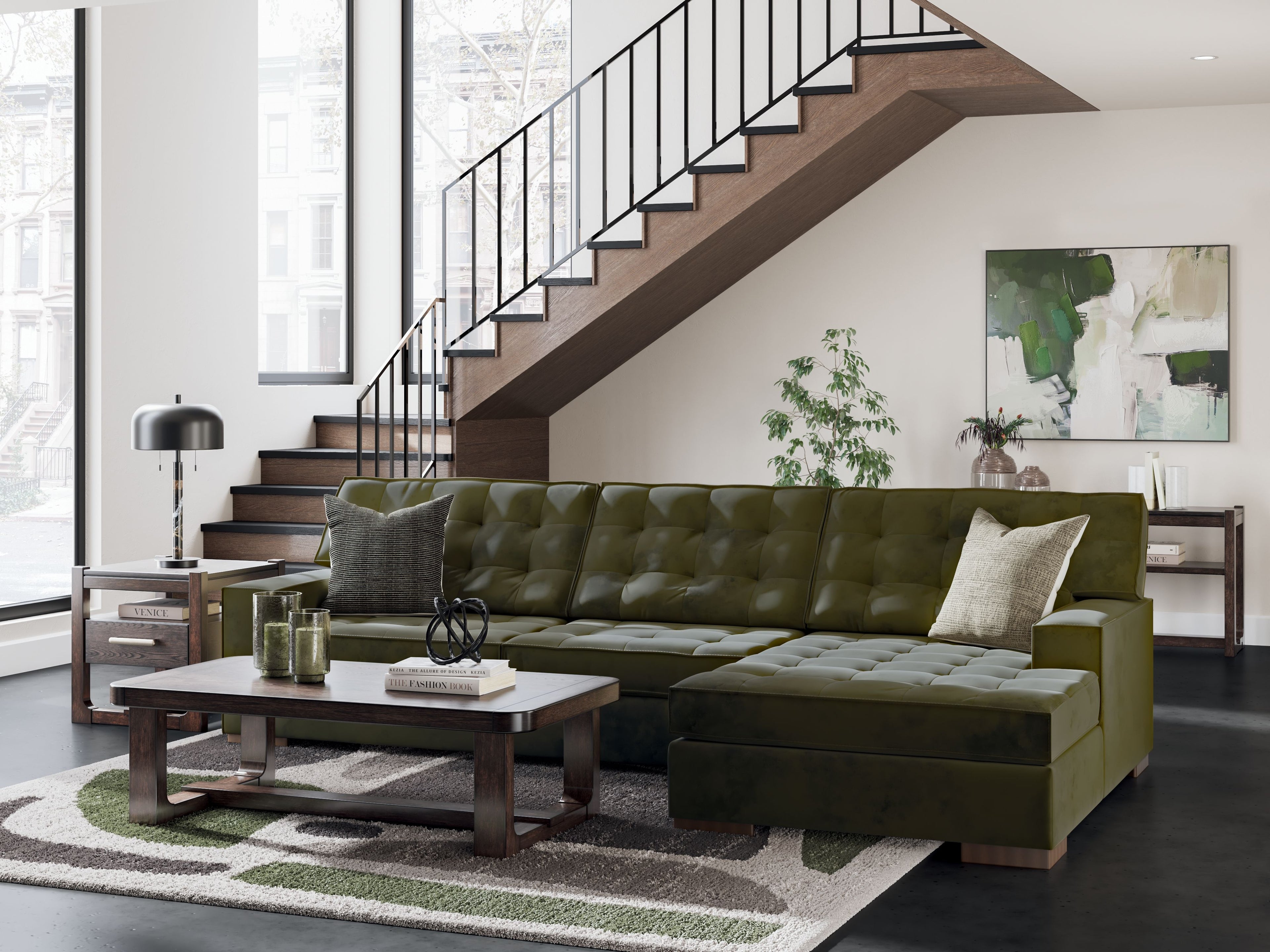 Olive green sectional sofa with chaise, tufted back, wide seat cushions