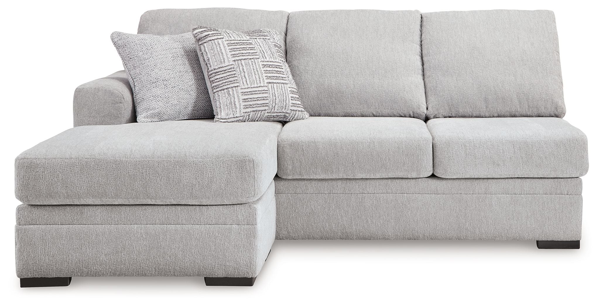 Light gray fabric sofa chaise with left chaise, three seat blocks, and back pillows