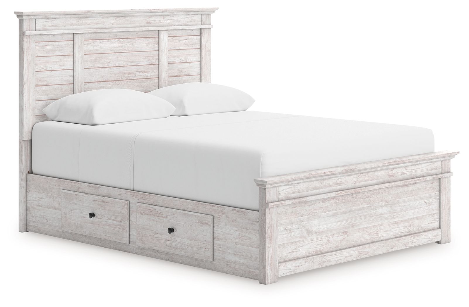 Panel storage bed with whitewashed wood frame and upholstered white mattress, with two front drawers