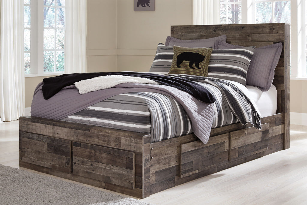 Panel bed with storage drawers, dark gray wood-look finish, front corner view with pillows