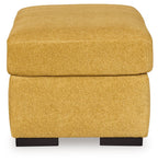 Keerwick upholstered ottoman, sunflower yellow, with cushion seams and black feet
