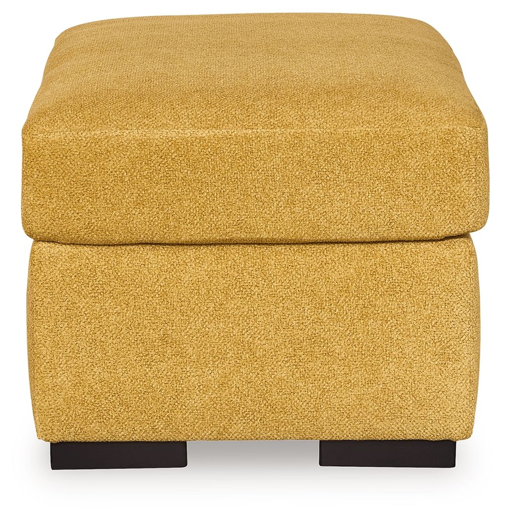 Keerwick upholstered ottoman, sunflower yellow, with cushion seams and black feet
