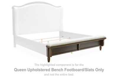Brown upholstered bench footboard/slats with tall fabric back and two front panels