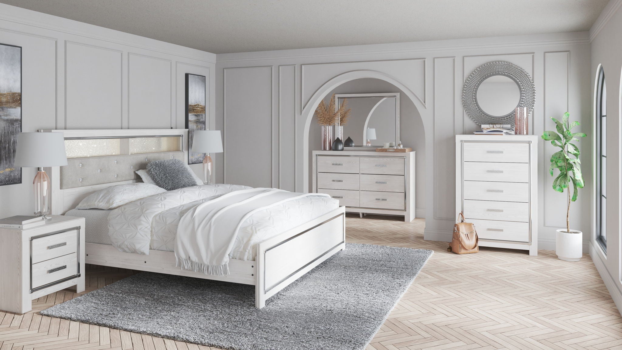 White king bed panel rails with integrated panels and slatted side frame