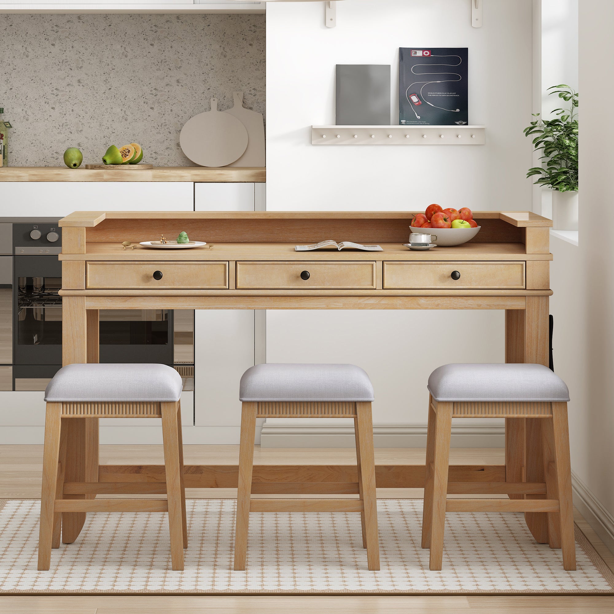 4-Pc Dining Set w/ 3 Stools (Natural)