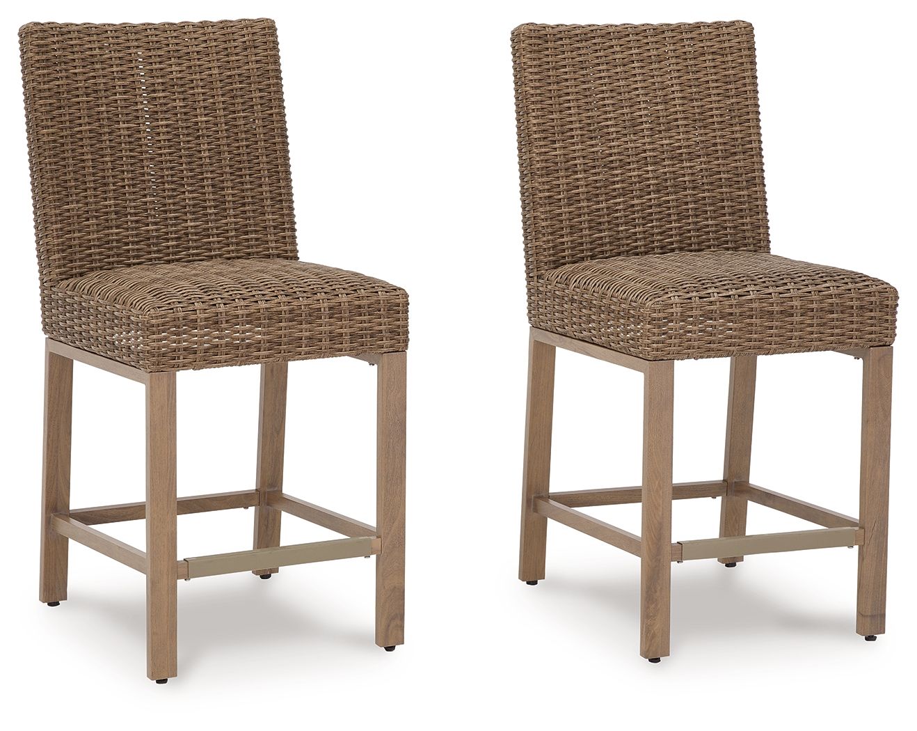 Woven bar stools (set of 2) with tall backrest, light wood legs, and footrest