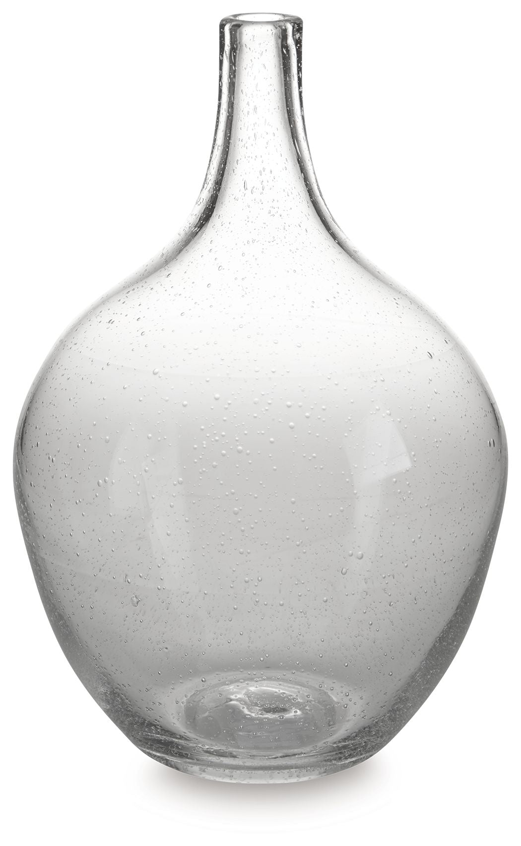 Glass vase with speckled clear finish, wide rounded body and slim neck.