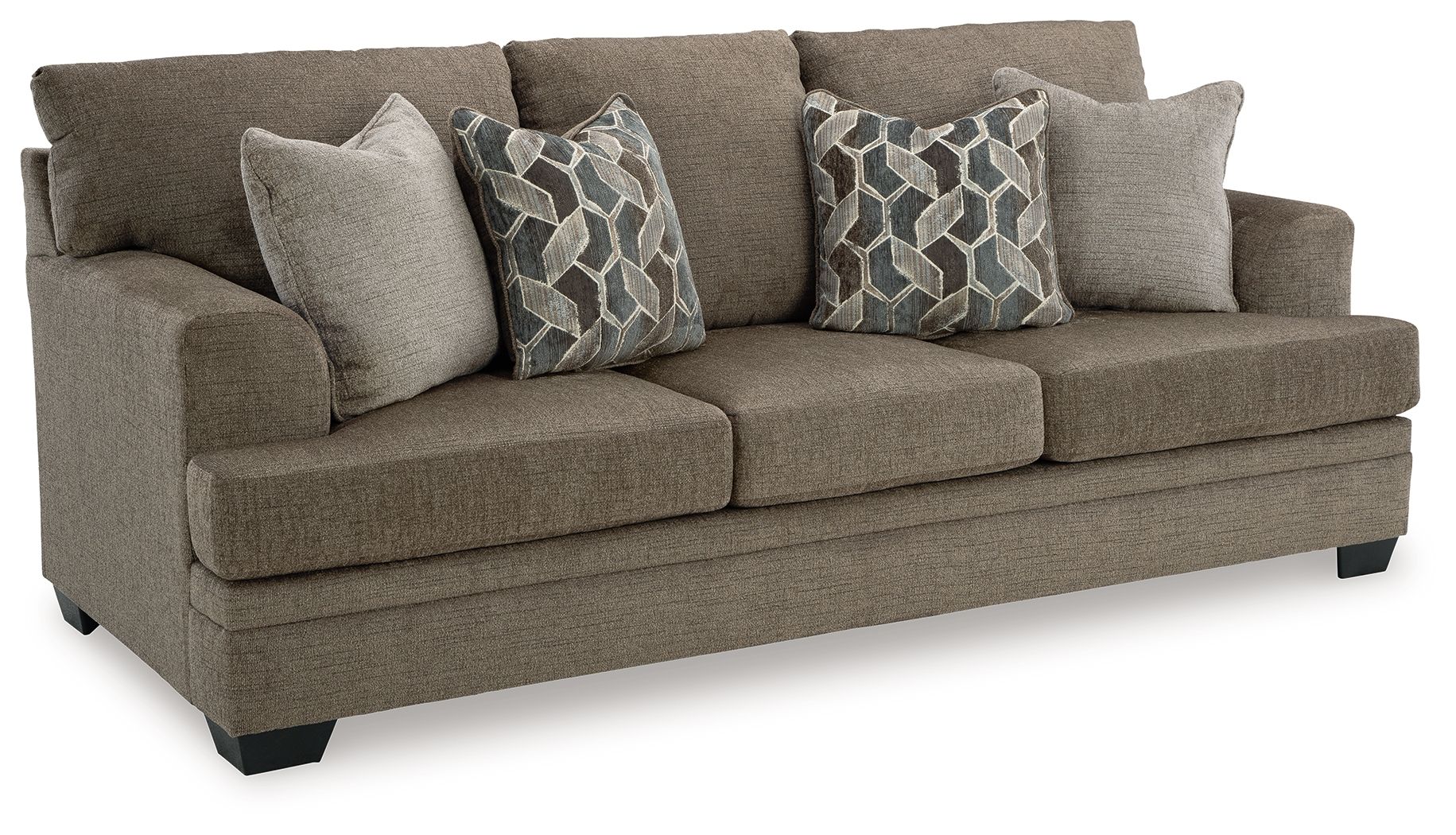 Stonemeade sofa in dark taupe fabric with two geometric patterned throw pillows