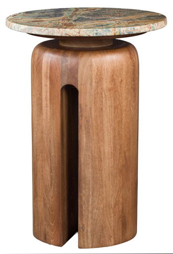 Round accent table with carved wood base and round multicolor stone top, brown and green