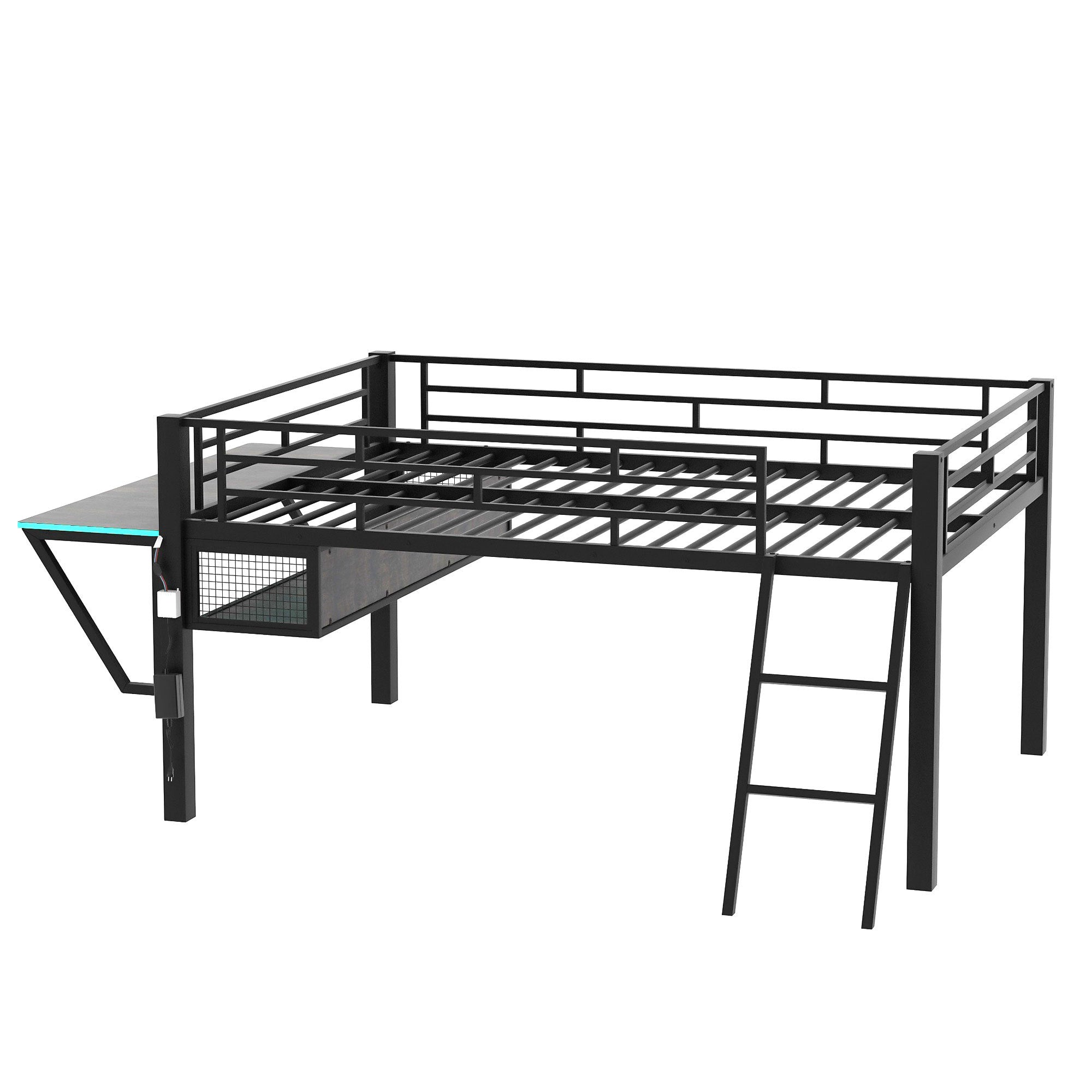 Modern Gaming Full Size Mid Loft Bed w/ Desk & LED Lights, Black Metal