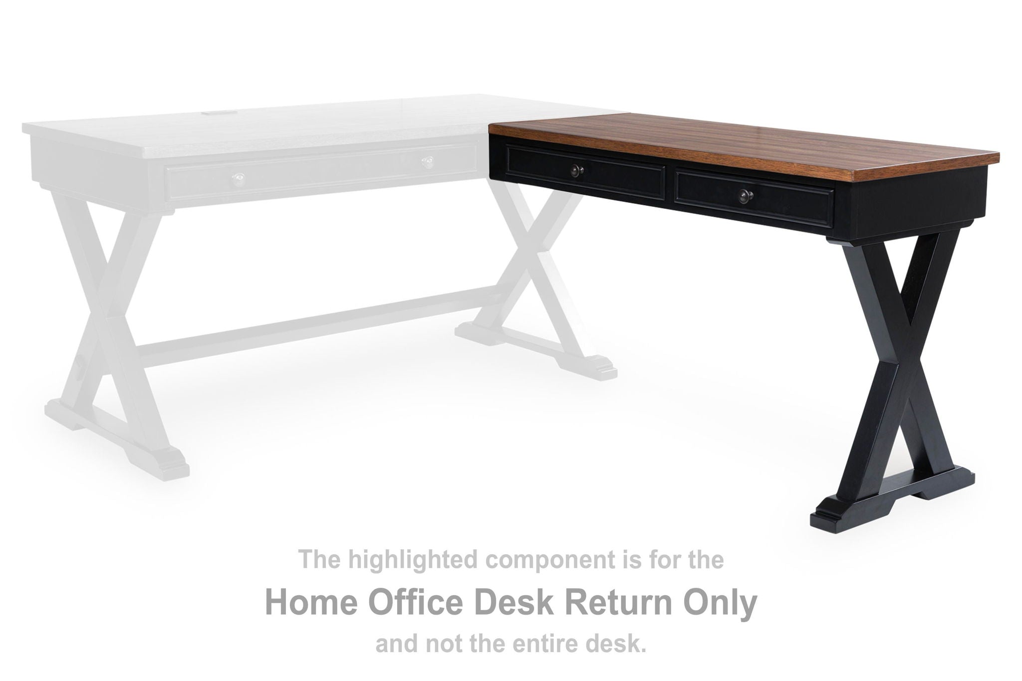 Home office desk return with brown tabletop and black base, includes pull-handle drawer.