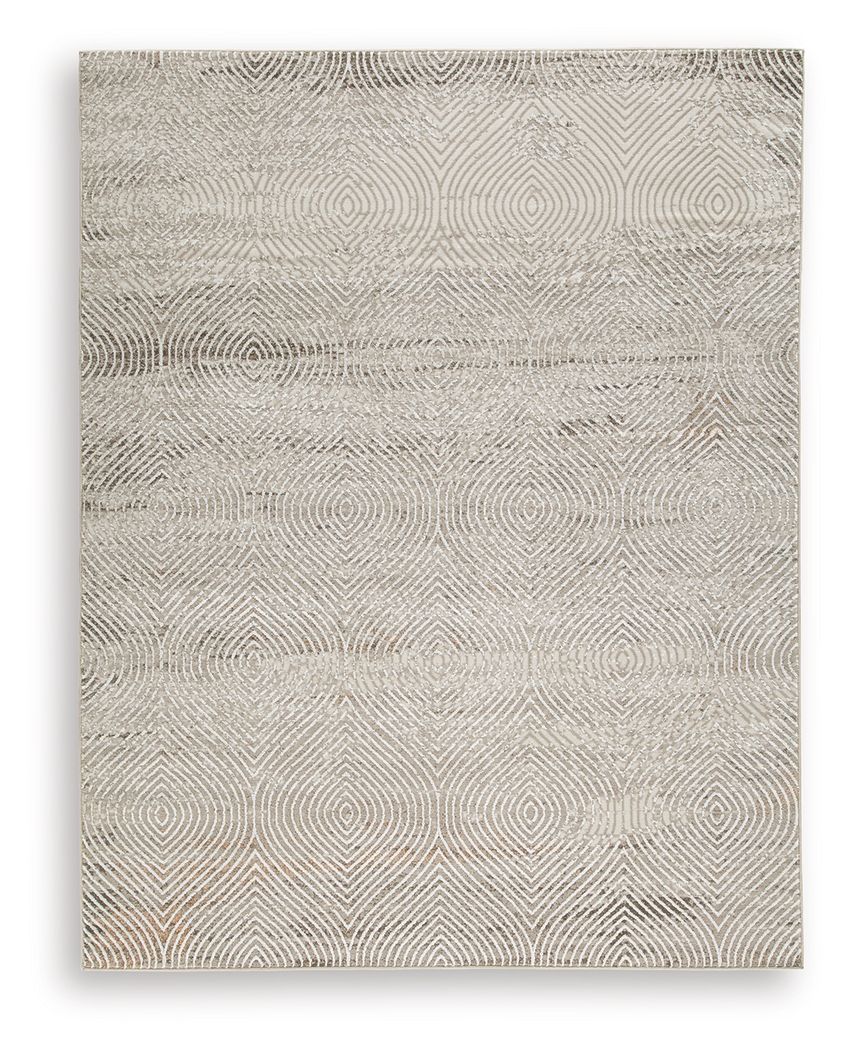 Beige rug with textured geometric pattern of concentric diamonds, flatweave look