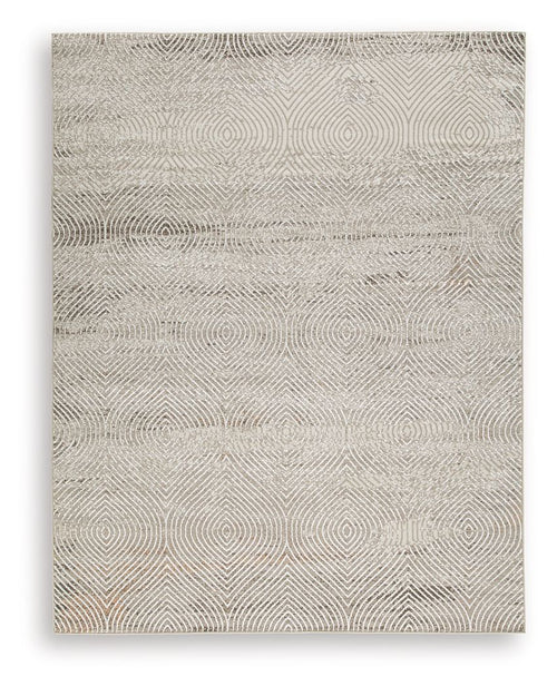 Beige rug with textured geometric pattern of concentric diamonds, flatweave look