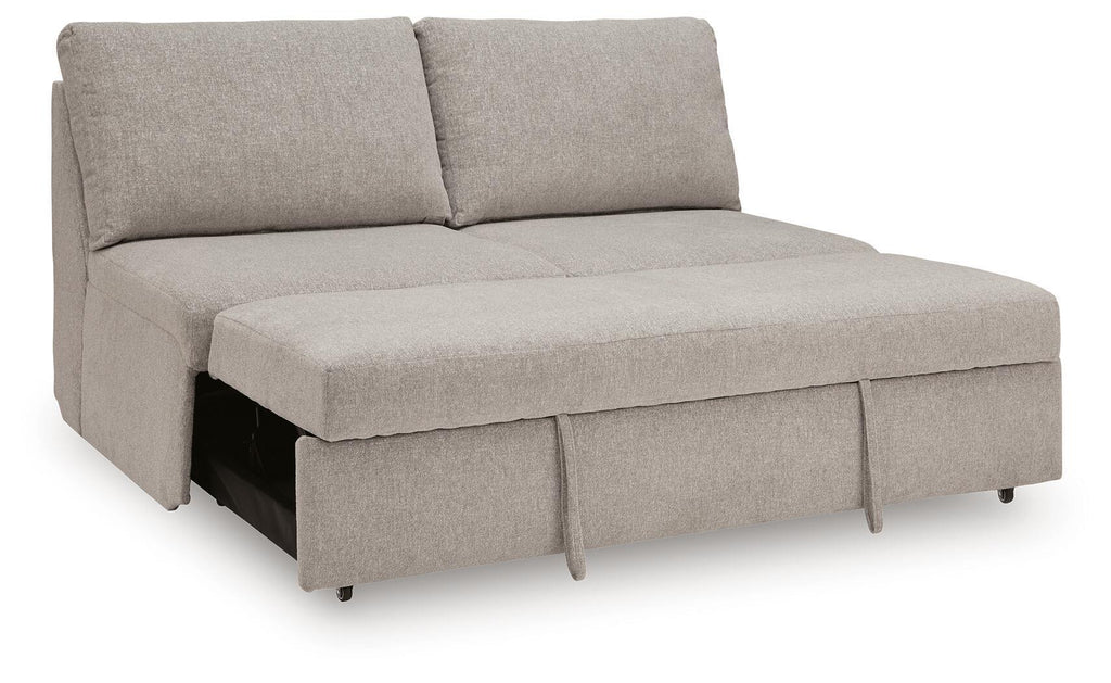 Flint gray pop-up sleeper sofa with open base revealing a dark storage compartment