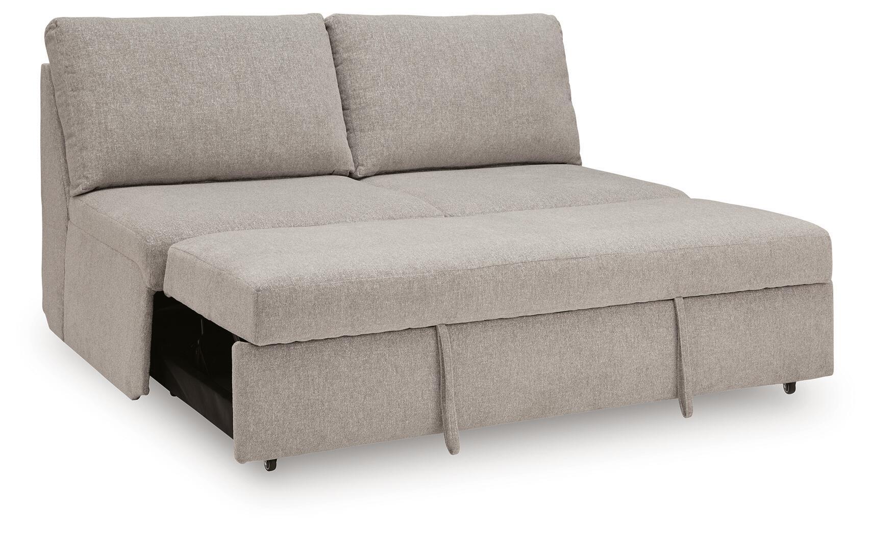 Flint gray pop-up sleeper sofa with open base revealing a dark storage compartment