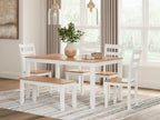 Dining table set with light wood tabletop, white chairs, and bench for seating