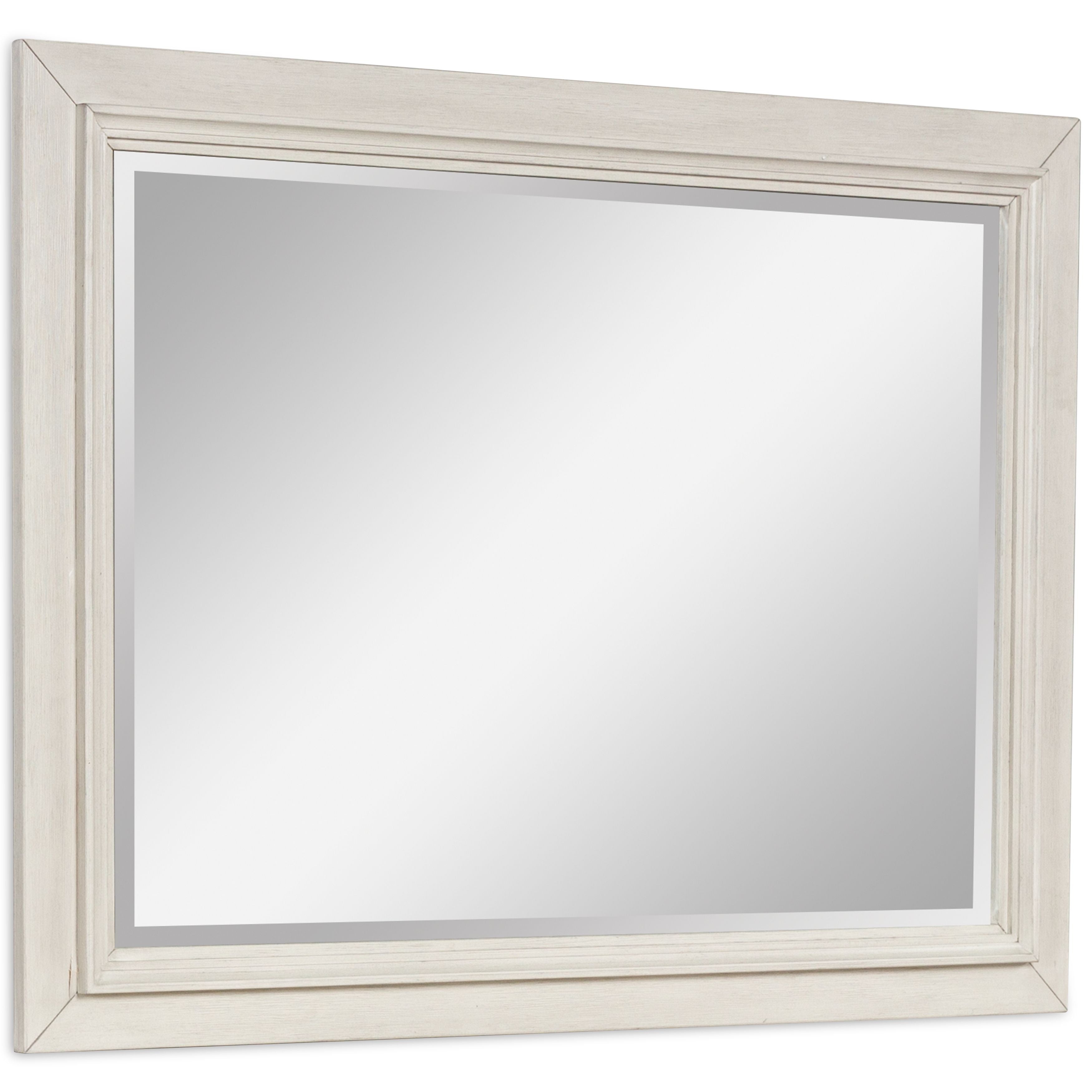 Antique white bedroom mirror with beveled frame and reflective glass panel