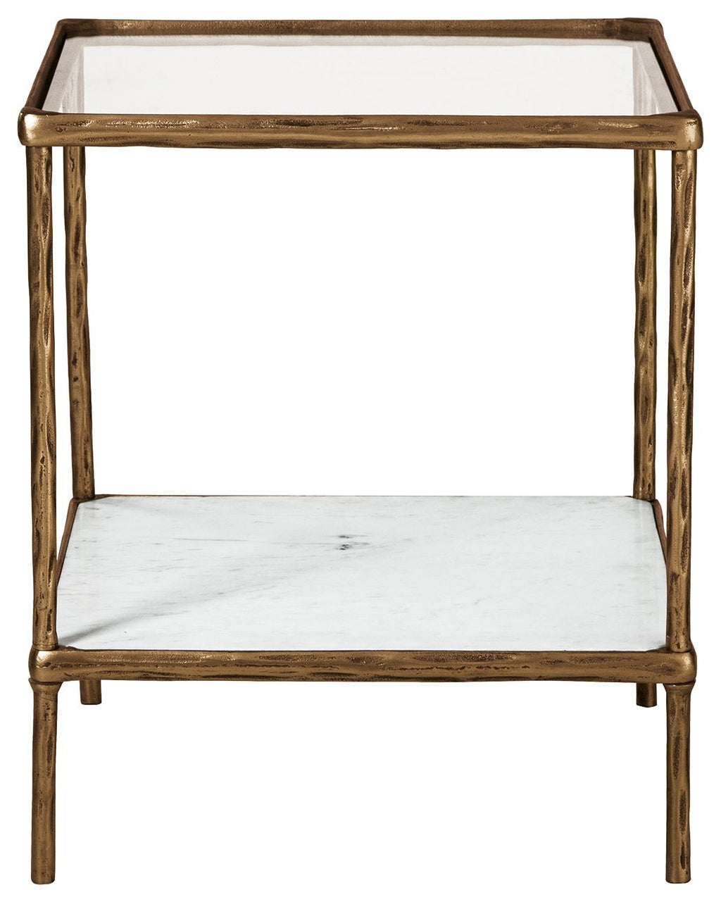 Accent table top edge with dark brown wood frame and white inset shelf