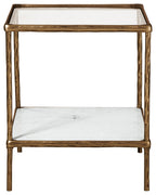 Accent table top edge with dark brown wood frame and white inset shelf
