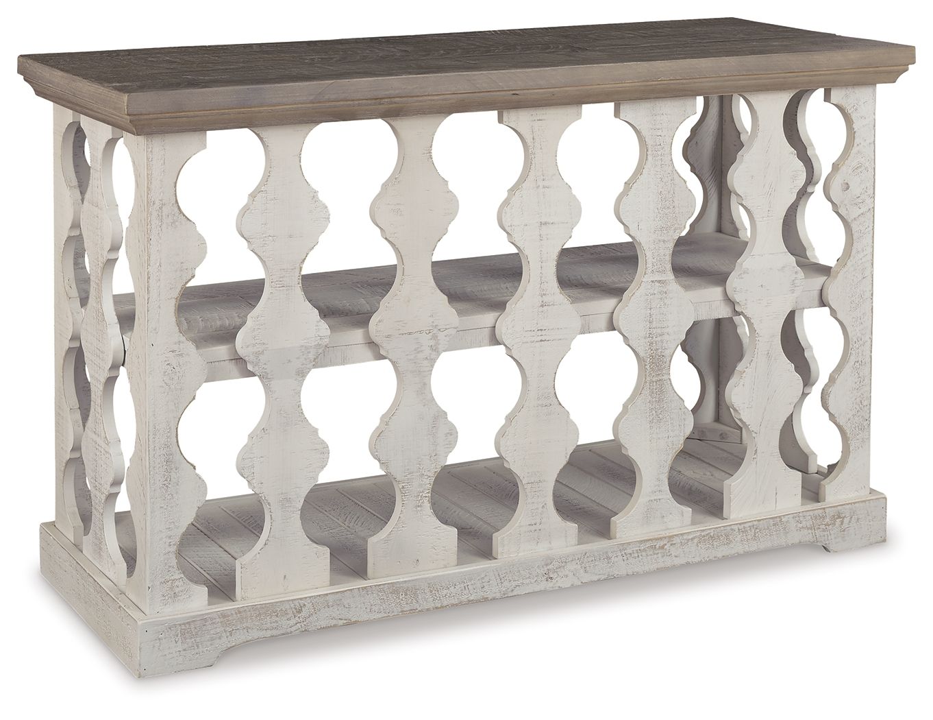 Gray console sofa table with white carved base, open middle shelf, and side cutouts