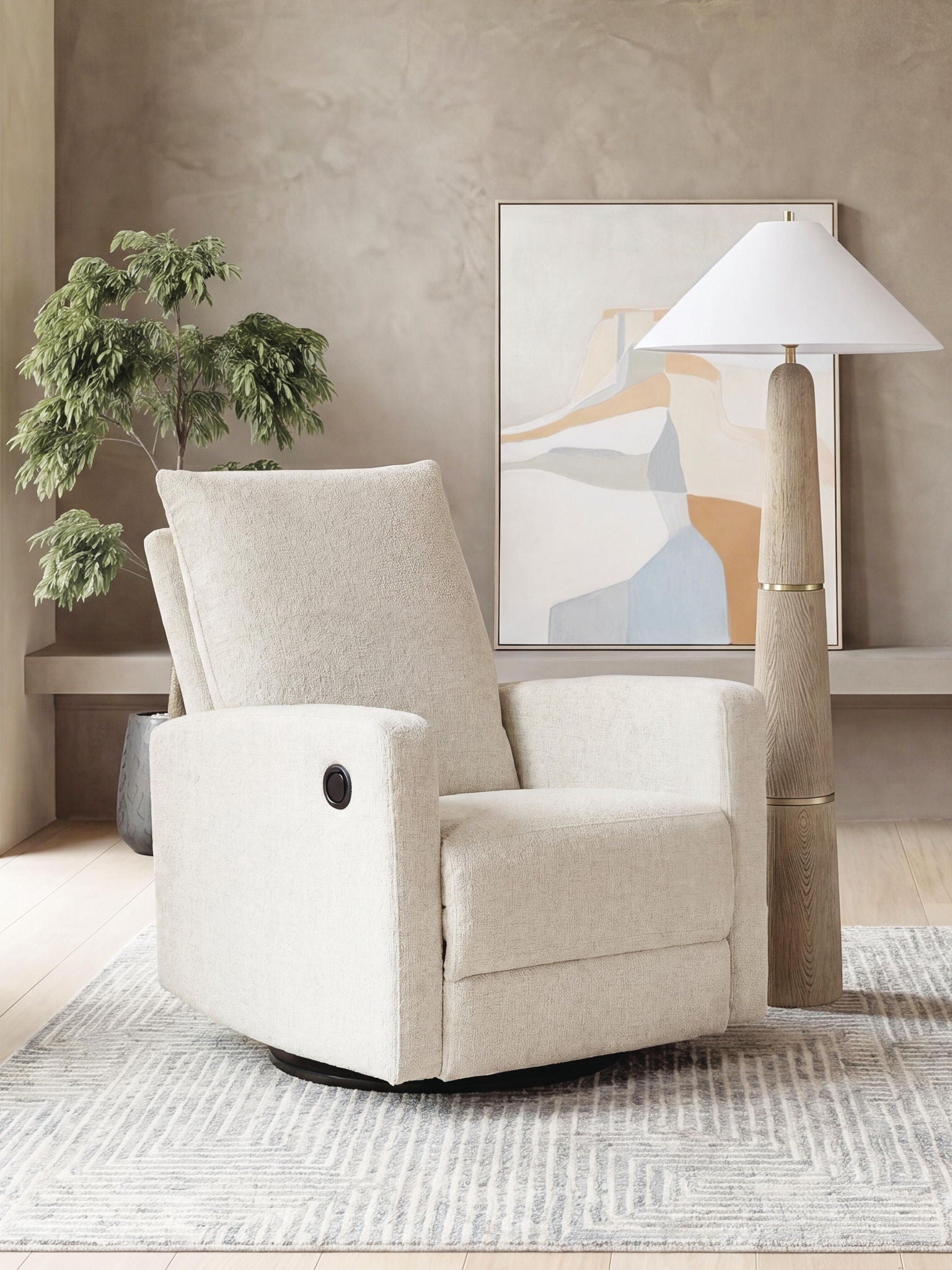 Swivel glider recliner in light canvas with high back and round arm detail