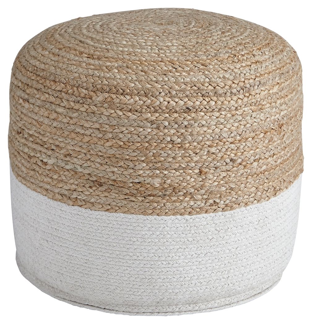 Sweed Valley round pouf with woven tan and light gray fabric, two-tone banding.