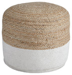 Sweed Valley round pouf with woven tan and light gray fabric, two-tone banding.