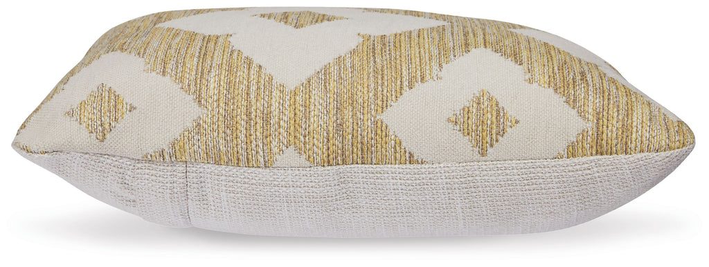 Pillow with diamond-patterned front, white backing, and trimmed edges