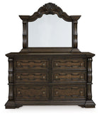 Dark brown dresser with arched mirror and six drawers, decorative raised molding